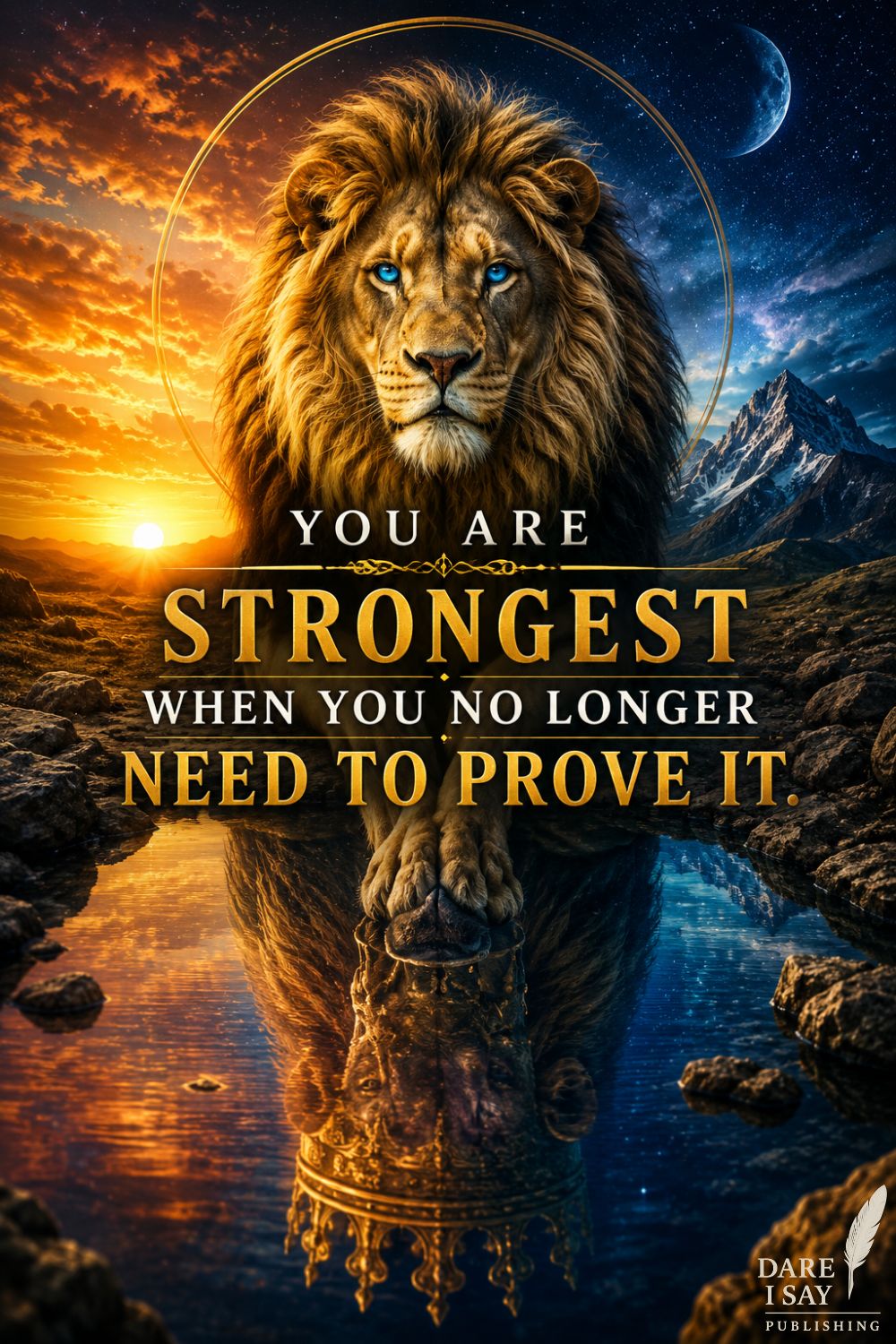 A majestic lion with striking blue eyes stands calmly between a glowing sunrise and a star-filled night sky, reflected in still water where the reflection wears a golden crown. Mountains frame the peaceful landscape, symbolizing quiet confidence, inner strength, and authentic self-worth. Text reads: "You are strongest when you no longer need to prove it."