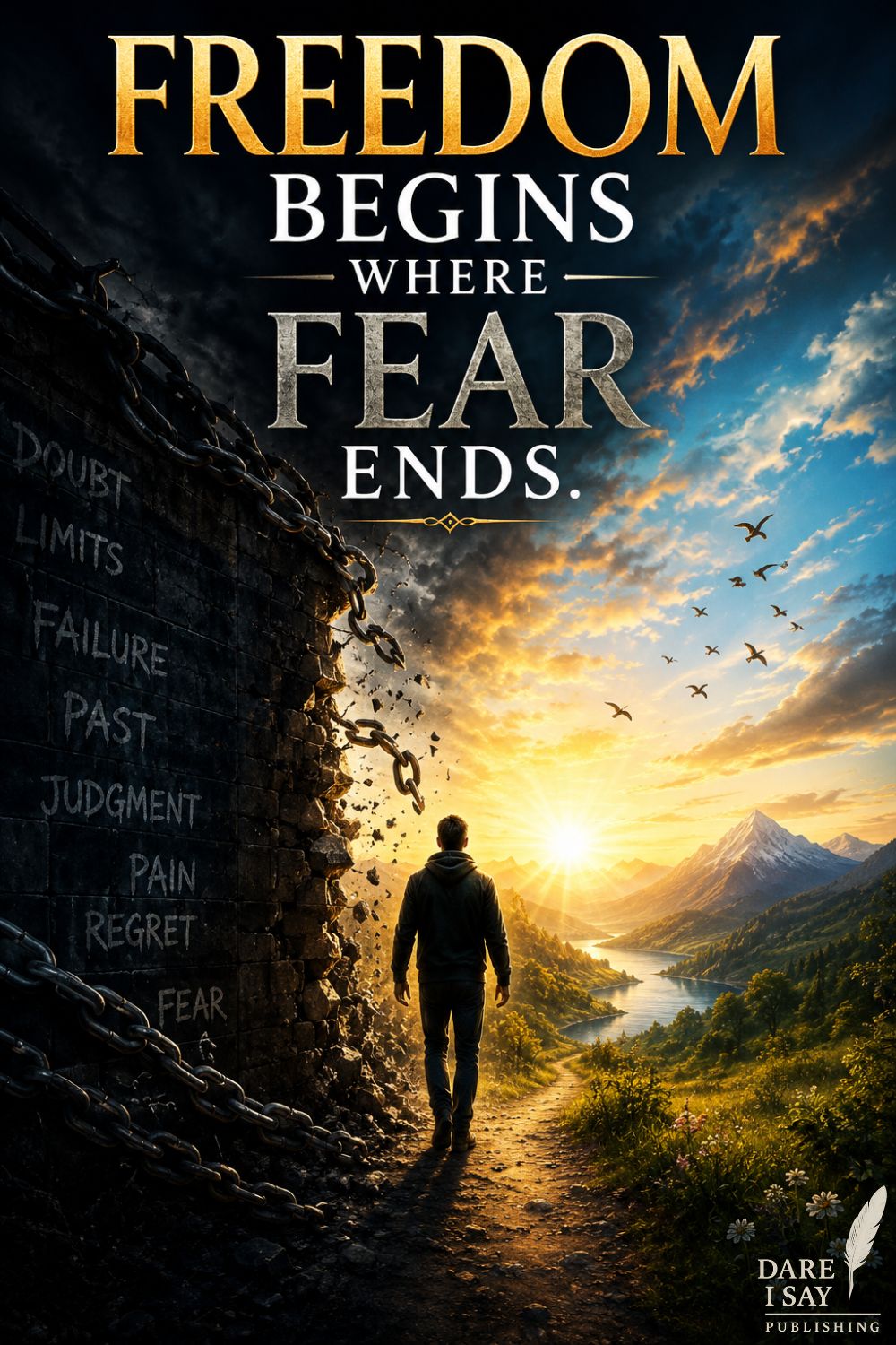 Inspirational artwork of a person walking through a crumbling stone wall wrapped in broken chains toward a radiant sunrise over a mountain valley and winding river. Words like fear, regret, doubt, judgment, and failure fade into the broken wall, symbolizing the release of limiting beliefs. Text reads: "Freedom begins where fear ends."