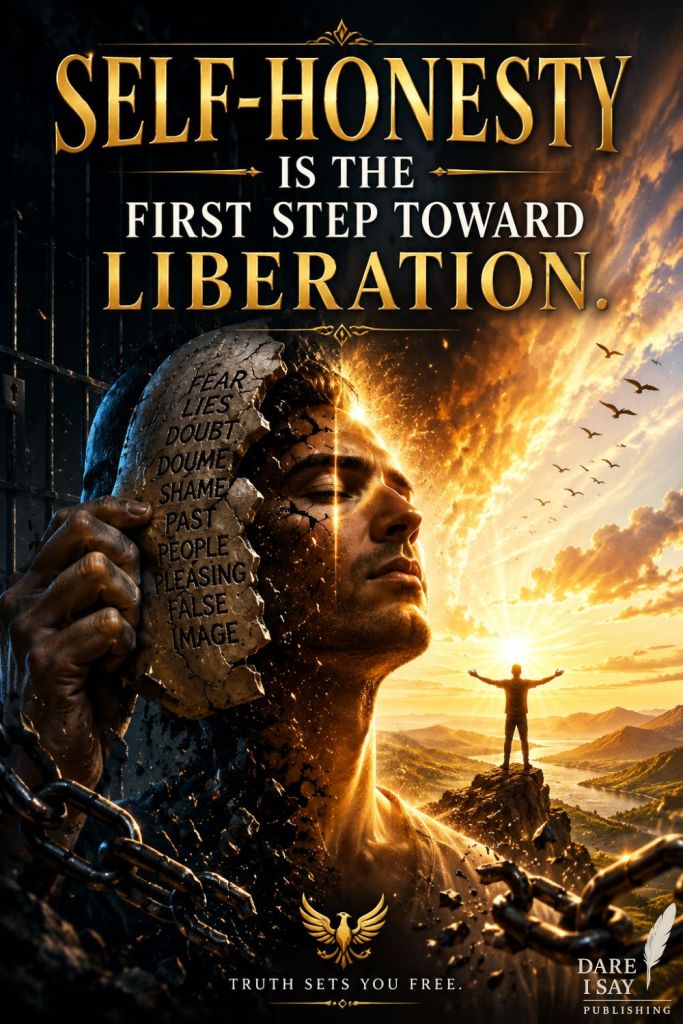 Inspirational artwork showing a person removing a cracked stone mask engraved with words such as fear, lies, doubt, shame, people pleasing, and false image while warm sunlight illuminates their face. Broken chains symbolize liberation, and a figure stands triumphantly on a distant mountaintop beneath a radiant sunrise. Text reads: "Self-honesty is the first step toward liberation."