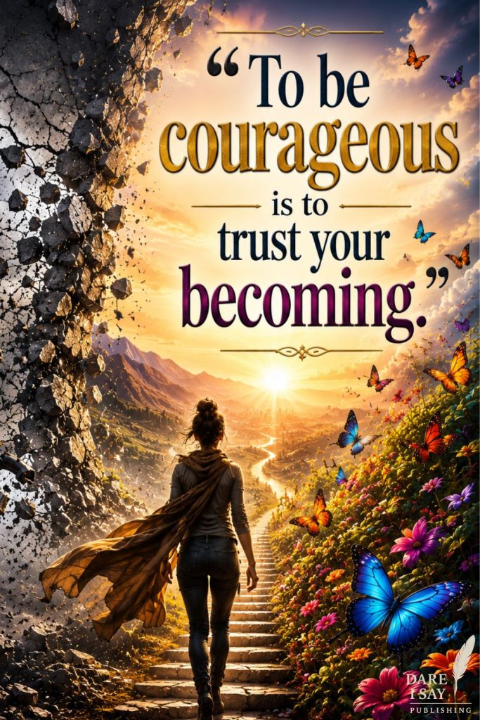 Inspirational artwork of a traveler walking through a shattered stone wall toward a radiant sunrise overlooking a mountain valley. Colorful flowers and butterflies line the path, symbolizing hope, transformation, and personal growth. Text reads: "To be courageous is to trust your becoming."