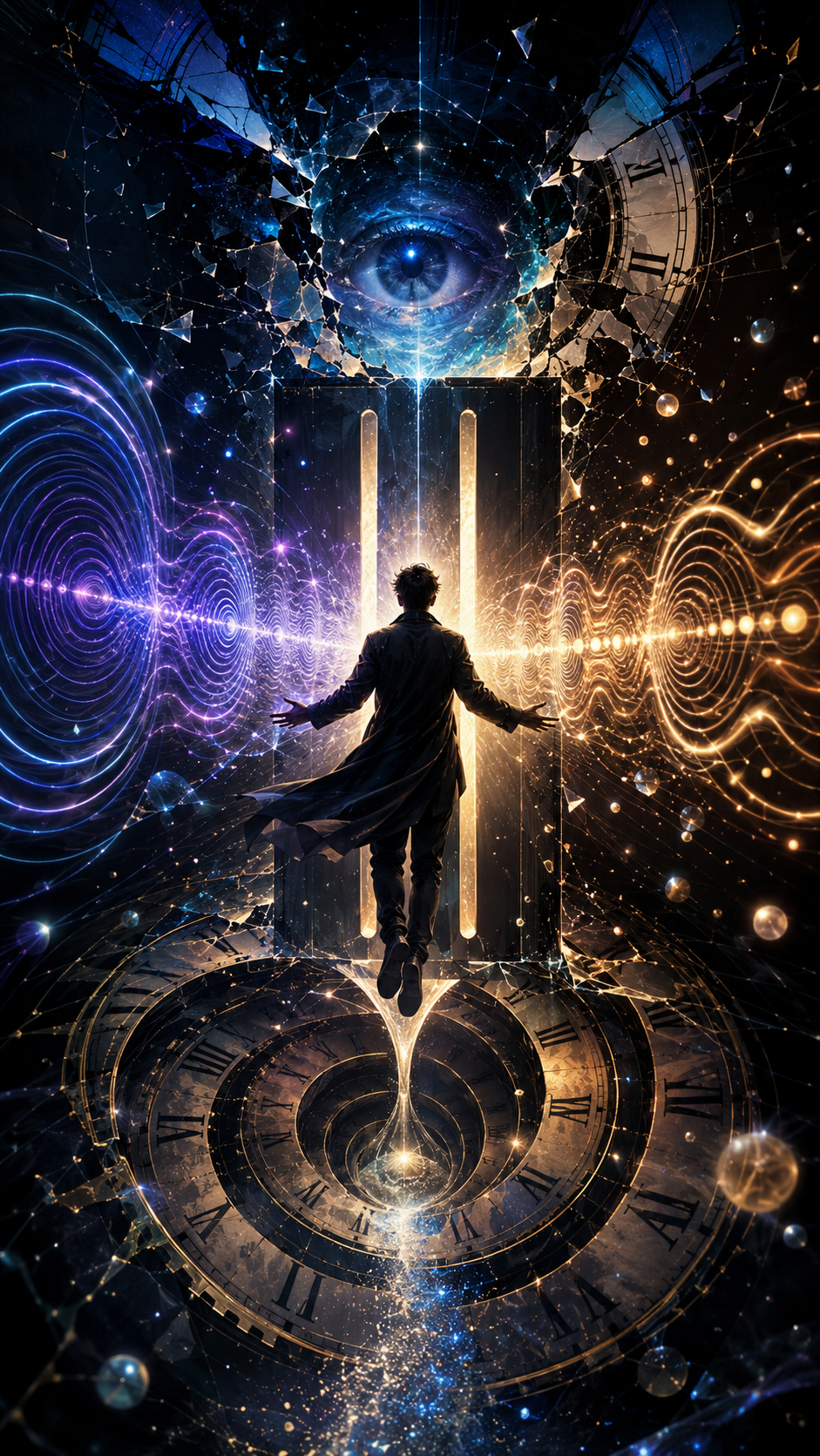 A lone figure walks toward a glowing portal suspended above a giant clock face beneath a cosmic eye while waves of light, shattered glass, galaxies, and symbols of time surround the surreal landscape, illustrating the double-slit experiment, quantum observation, consciousness, reality, and humanity's search for understanding.