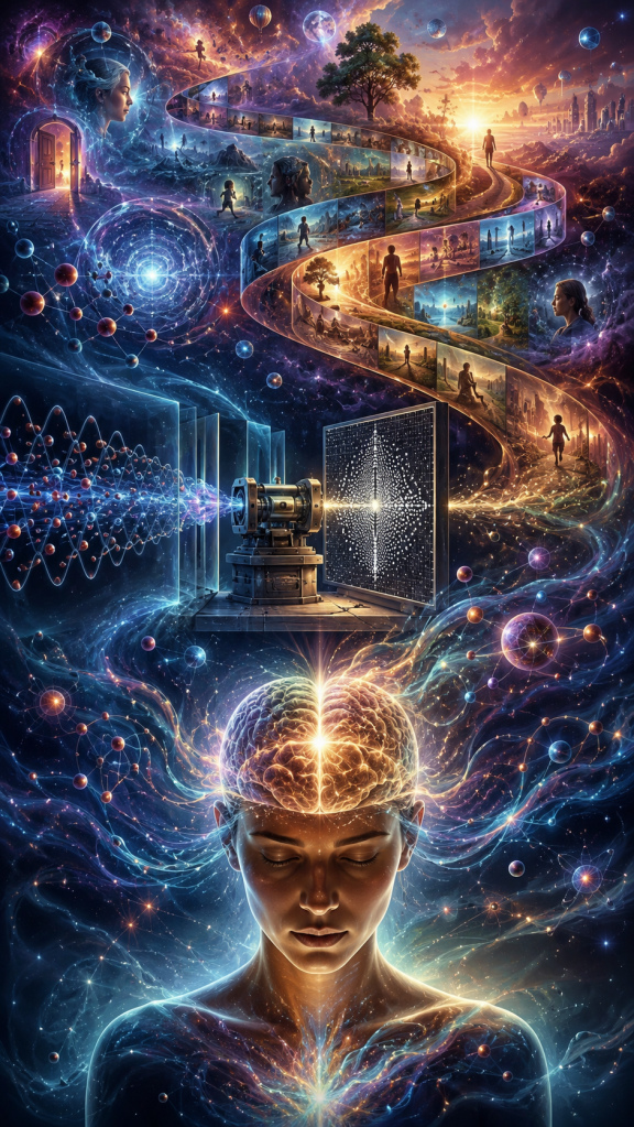 A glowing human brain connects memories, timelines, galaxies, atomic structures, and a quantum experiment through streams of light, illustrating consciousness, neuroscience, memory, perception, quantum physics, and the interconnected nature of human experience.