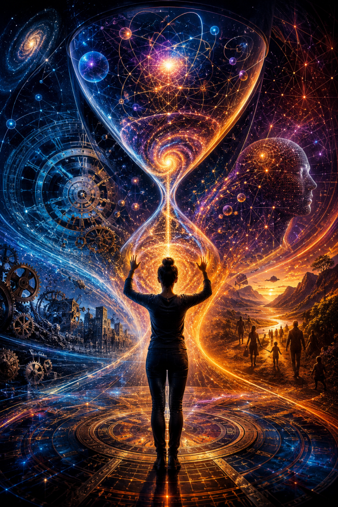 A central figure reaches toward a luminous cosmic hourglass containing galaxies, atomic structures, and swirling streams of light while a human face, clocks, gears, and distant landscapes merge into a single symbolic composition, representing quantum time, consciousness, causality, human experience, and the convergence of science and philosophy.