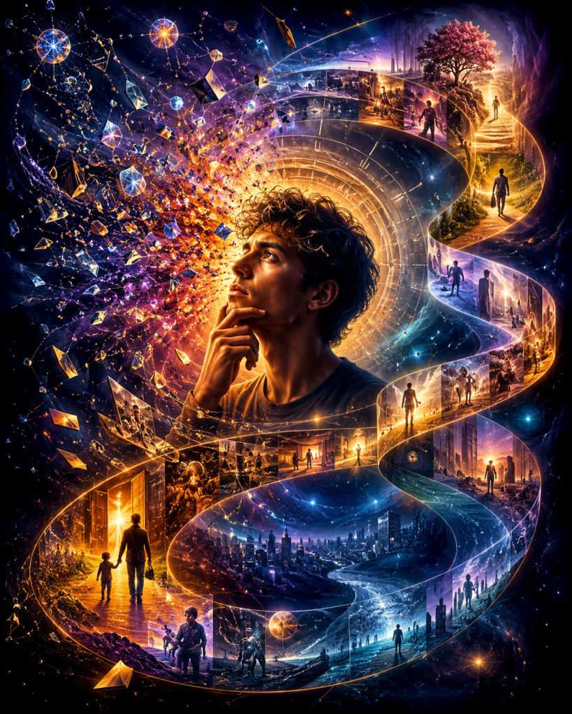 A contemplative figure stands within spiraling memories, branching timelines, and fragments of reality expanding outward, symbolizing time, consciousness, personal growth, memory, perception, human experience, and the unfolding narrative of life.