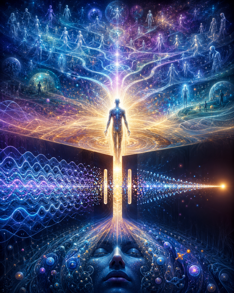 A luminous human figure rises from a glowing double-slit experiment into an interconnected network of people, dimensions, and cosmic light, symbolizing consciousness, quantum reality, human connection, participation, and the interconnected nature of the universe.