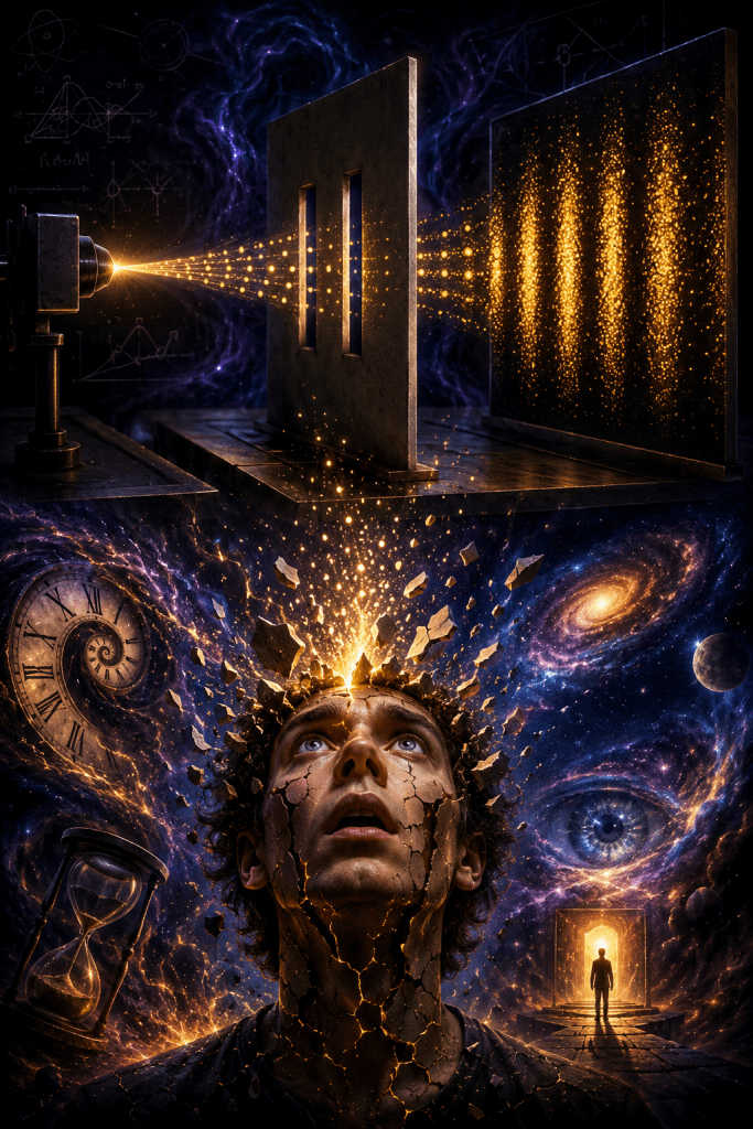 A conceptual collage showing the double-slit experiment above a fractured human face opening into the cosmos while clocks, galaxies, portals, and a watchful eye symbolize delayed-choice experiments, observation, quantum mechanics, information, and the nature of reality.