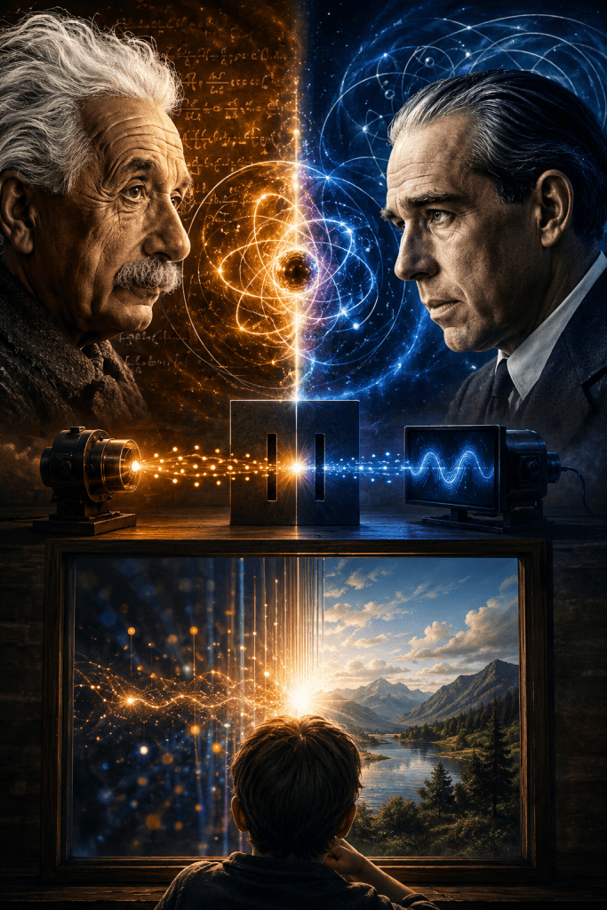 A conceptual illustration of Albert Einstein and Niels Bohr facing one another across a glowing double-slit experiment while atomic structures connect their opposing perspectives. A child looks through a window where quantum light becomes everyday reality, symbolizing the historic debate over observation, measurement, quantum mechanics, and the nature of reality.