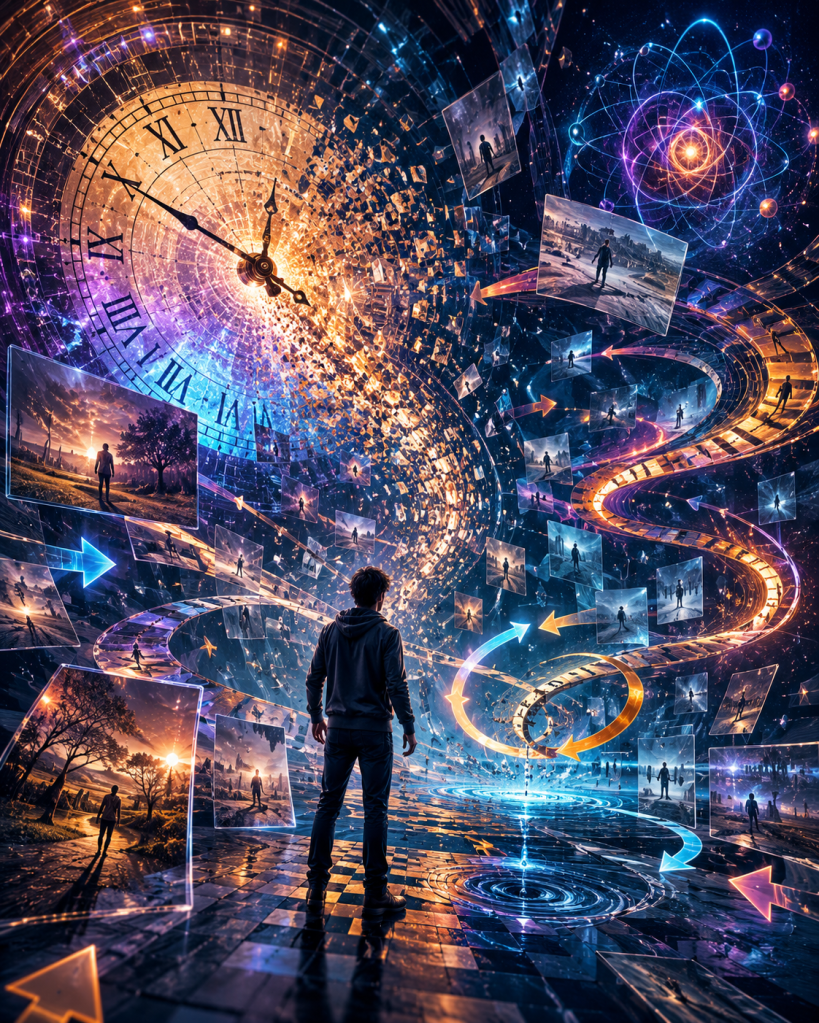 A figure stands before a vast spiral clock while branching pathways, alternate futures, atomic structures, and cosmic energy radiate outward, symbolizing indefinite causal order, quantum possibilities, human choice, and the evolving nature of time.