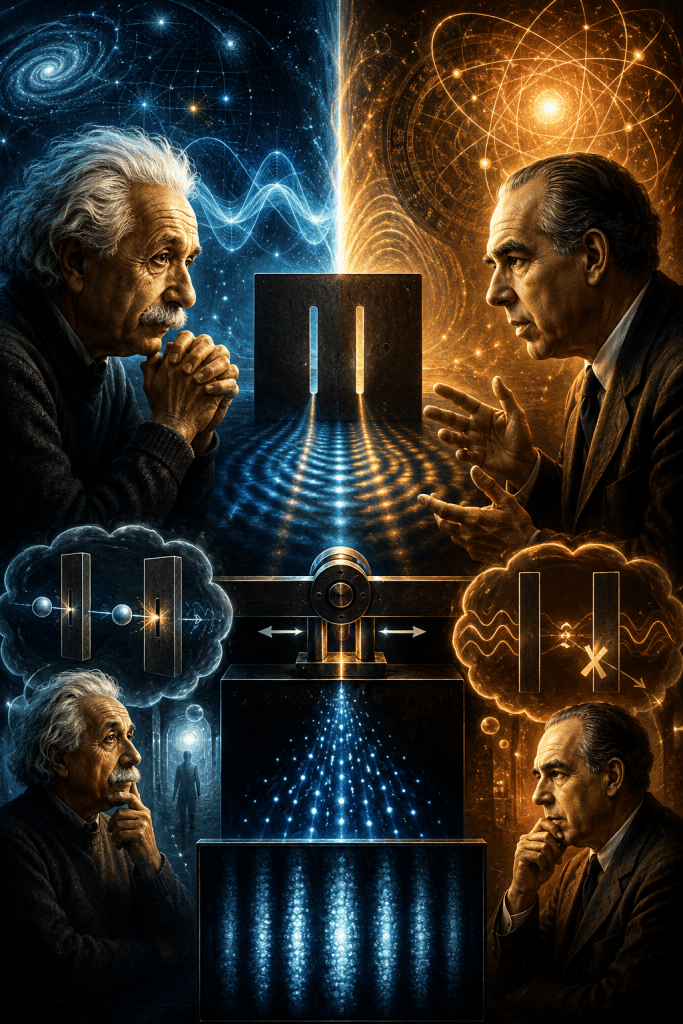 Albert Einstein and Niels Bohr contemplate a glowing double-slit experiment surrounded by diagrams illustrating wave-particle duality, interference patterns, photons, and scientific instruments. The artwork represents the foundations of quantum mechanics, observation, measurement, and the historic debate surrounding physical reality.