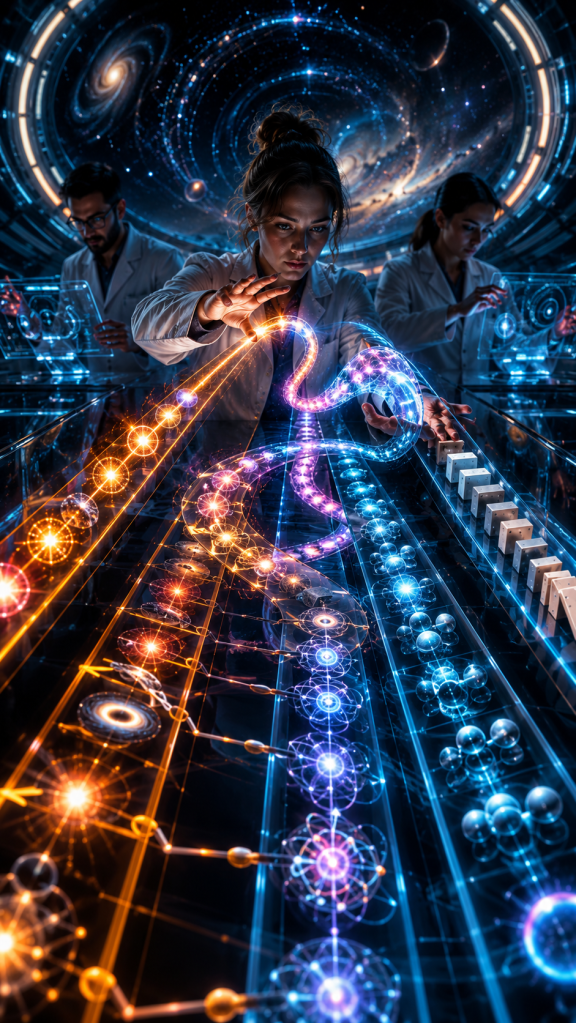 Scientists manipulate glowing quantum pathways, atomic structures, and streams of energy within a futuristic laboratory, illustrating research into quantum mechanics, indefinite causal order, temporal relationships, and the fundamental nature of reality.