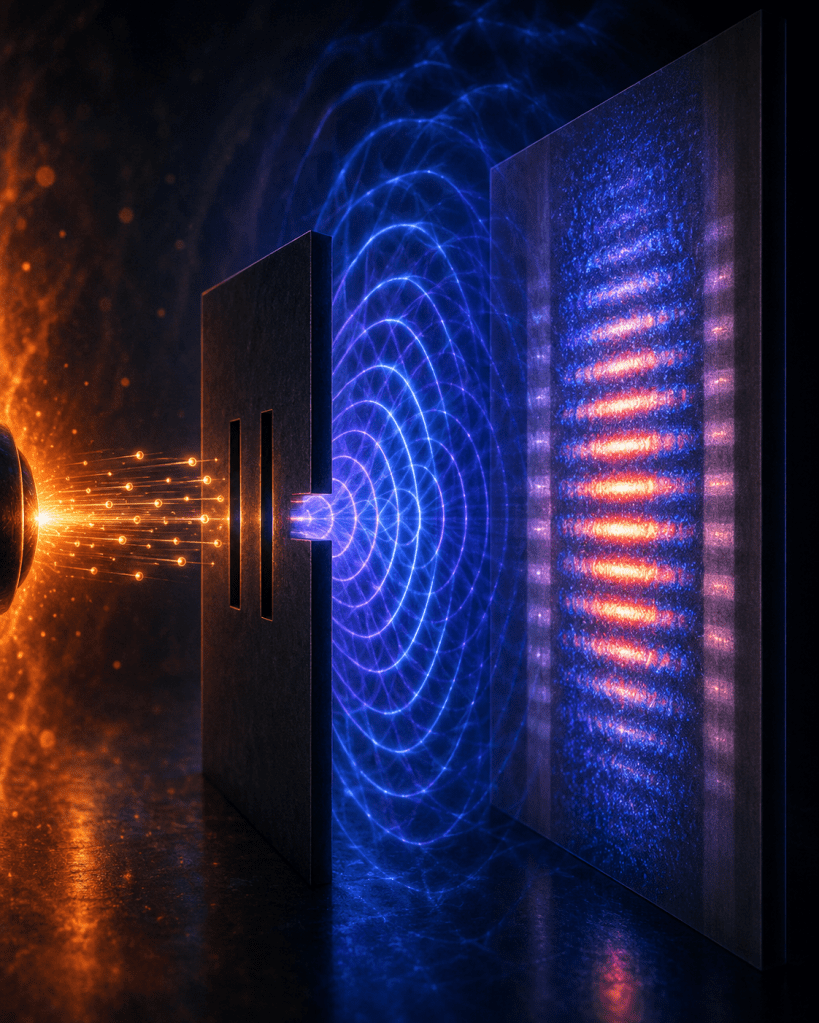 A scientific visualization of the double-slit experiment showing glowing particles passing through two narrow openings before forming colorful wave interference patterns on a distant screen, illustrating wave-particle duality, quantum mechanics, interference, and the behavior of light and matter.