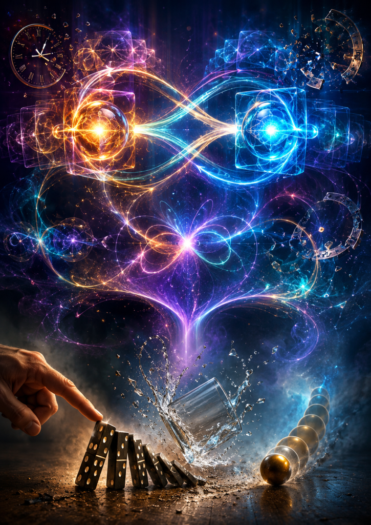 A chain reaction of falling dominoes, a tipping glass, glowing atomic structures, broken clocks, and interconnected streams of light illustrates causality, quantum uncertainty, ripple effects, and the evolving scientific understanding of temporal order.