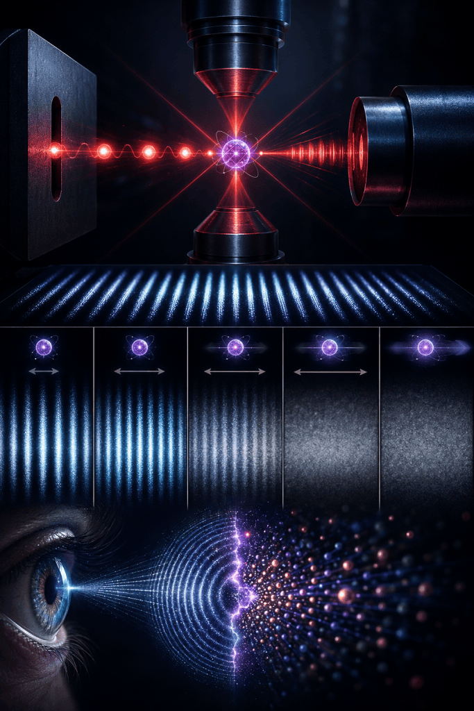 A scientific visualization of the double-slit experiment showing laser light passing through slits toward a detector while an atom interacts with photons at the center. Progressive interference patterns transition from wave behavior to particle-like measurement beneath a human eye, illustrating quantum observation, information, and experimental physics.