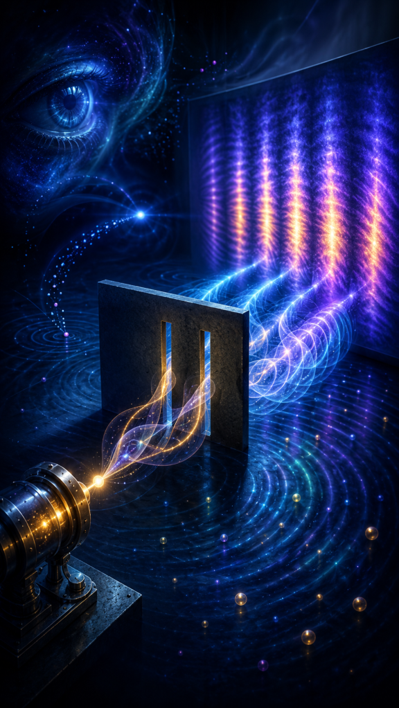 A beam of light passes through a double-slit barrier into vibrant blue and purple interference waves beneath a giant cosmic eye, symbolizing observation, quantum measurement, wave interference, consciousness, and the relationship between information and physical reality.