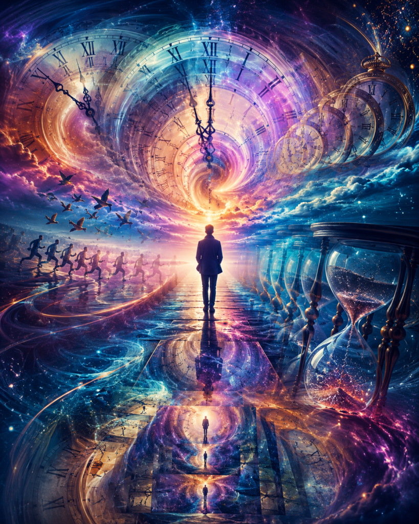 A lone traveler walks toward a luminous cosmic vortex beneath overlapping clocks and towering hourglasses while galaxies and reflections surround the path, symbolizing humanity's journey through time, change, scientific discovery, and personal growth.