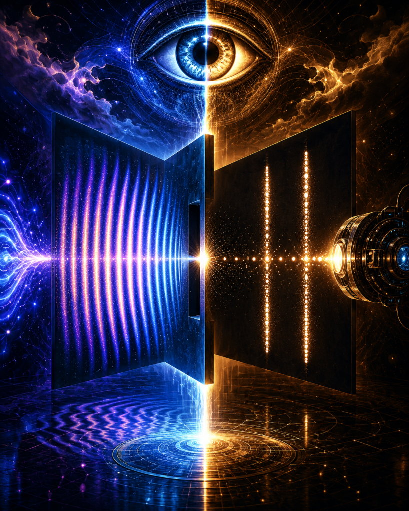 A conceptual illustration of the double-slit experiment illuminated by blue and golden energy beneath a massive eye, representing quantum measurement, observation, wave interference, information, and the participatory nature of reality.