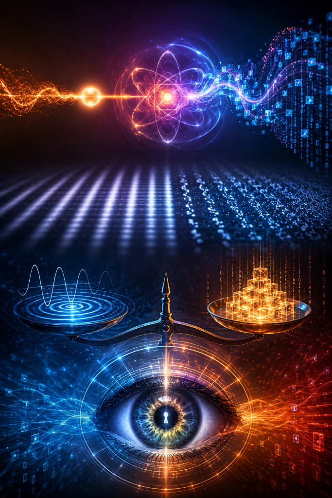 A glowing particle transforms into streams of digital information above reflective water while balanced scales compare wave behavior with structured information beneath a human eye. The artwork symbolizes quantum information, entanglement, measurement, observation, and the relationship between information and physical reality.