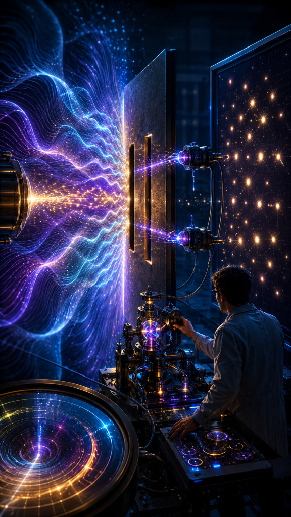 A futuristic scientist operates advanced laboratory equipment while colorful waves travel through a double-slit experiment toward a detection screen, illustrating quantum observation, experimental physics, measurement, information, and modern scientific research.