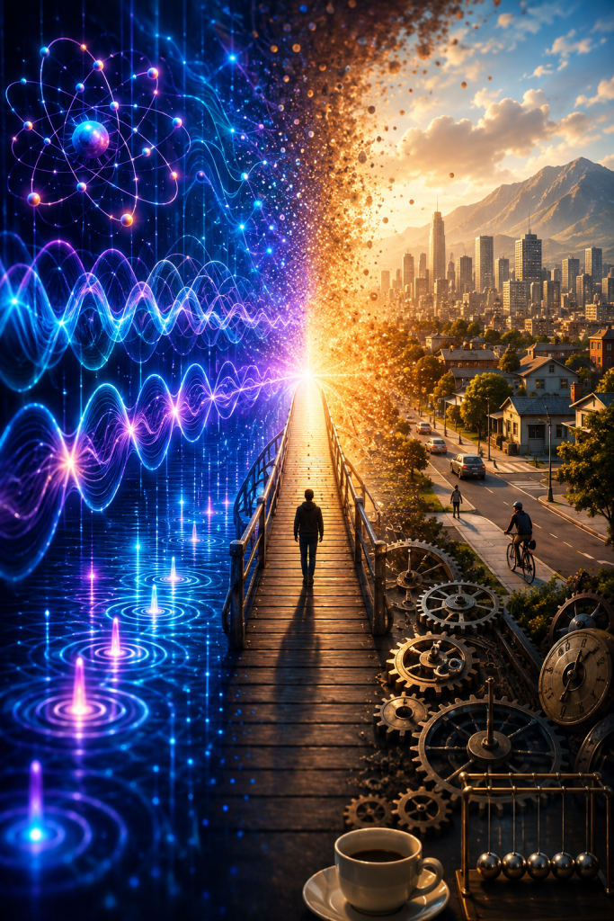 A solitary person walks across a bridge connecting a colorful quantum landscape filled with atoms, waves, and energy fields to a realistic city surrounded by mountains. Clocks, gears, and everyday objects merge with quantum imagery, representing decoherence, the transition from quantum mechanics to classical physics, and humanity's lived experience of reality.