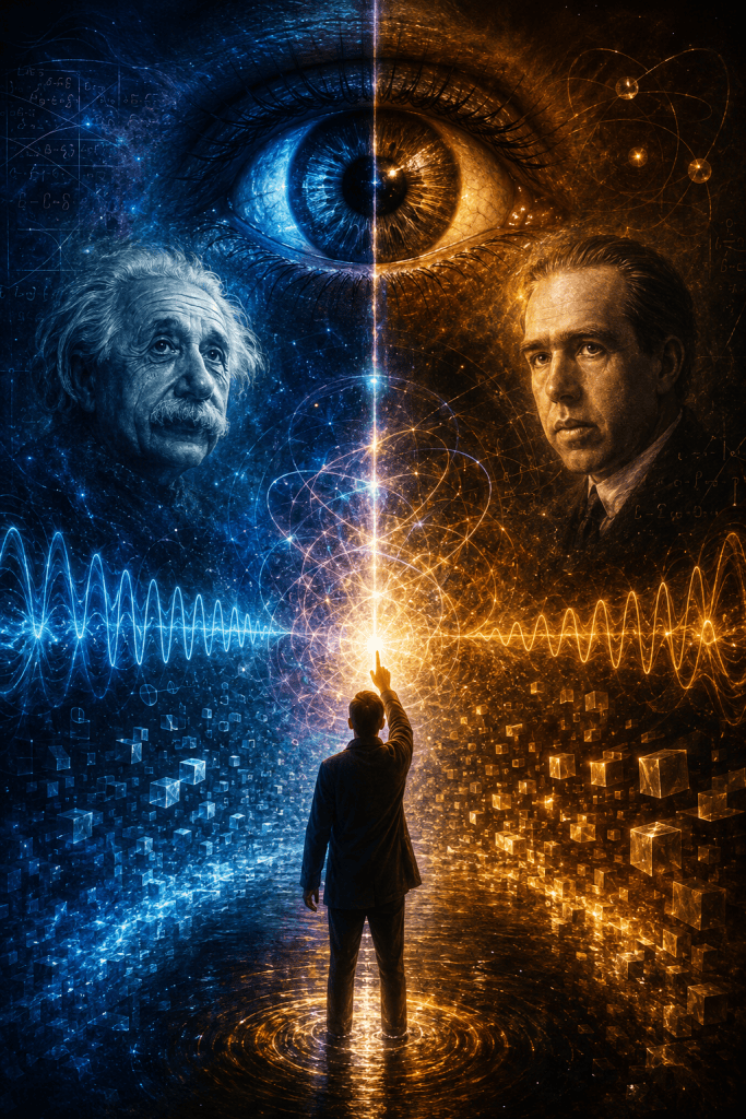 A figure reaches toward a brilliant point of light positioned between Albert Einstein and Niels Bohr beneath a giant human eye. Mathematical equations, waveforms, and glowing geometric structures surround the scene, symbolizing observation, scientific inquiry, relativity, quantum mechanics, consciousness, and humanity's search for understanding.