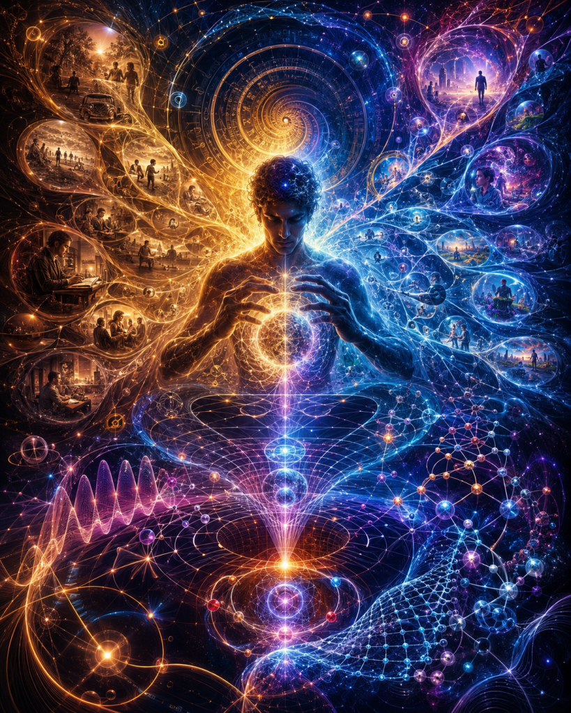 A person holds a radiant sphere while branching networks of memories, scientific diagrams, atoms, waves, and alternate realities surround them, illustrating consciousness, perception, memory, possibility, and the human experience of time.
