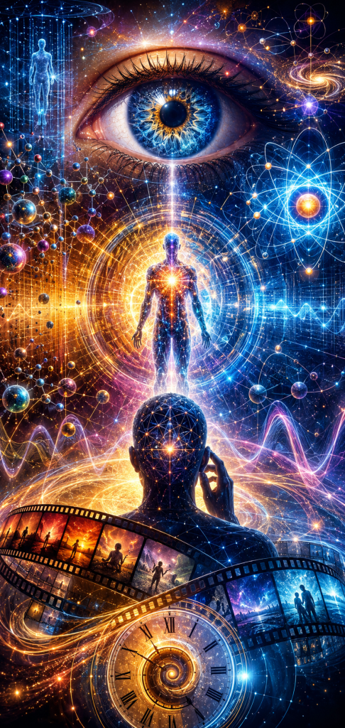 A radiant human figure stands within a cosmic network of galaxies, atoms, waveforms, and geometric patterns while a giant human eye watches overhead. Below, a seated observer is wrapped in a filmstrip of memories beside a spiral clock, symbolizing consciousness, perception, memory, time, human experience, and the interconnected nature of reality.