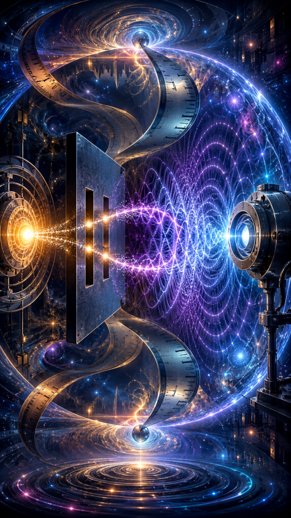 A cosmic interpretation of the double-slit experiment unfolds beneath spiraling ribbons of time, galaxies, and flowing energy as beams transform into colorful interference patterns, symbolizing modern quantum physics, space, time, scientific discovery, and the continuing exploration of reality.