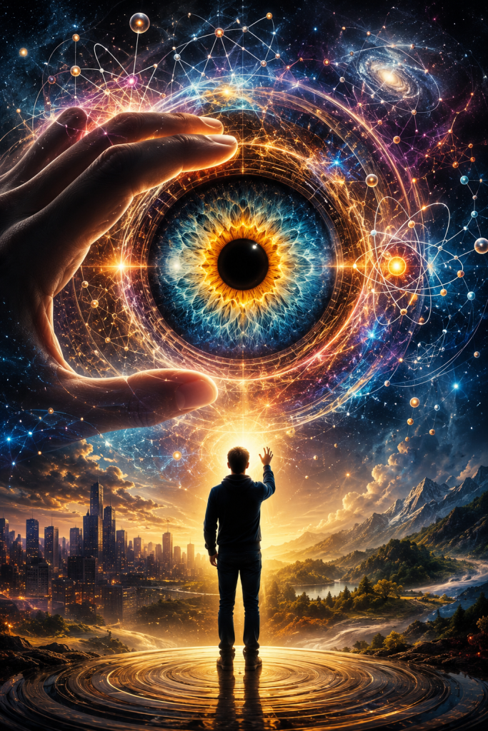 A symbolic figure stands between a modern city and a natural mountain landscape while reaching toward a massive glowing eye suspended in the cosmos. Surrounded by galaxies, atomic structures, and flowing streams of light, the artwork represents conscious observation, perception, quantum reality, human experience, and the ongoing exploration of how we understand the universe.