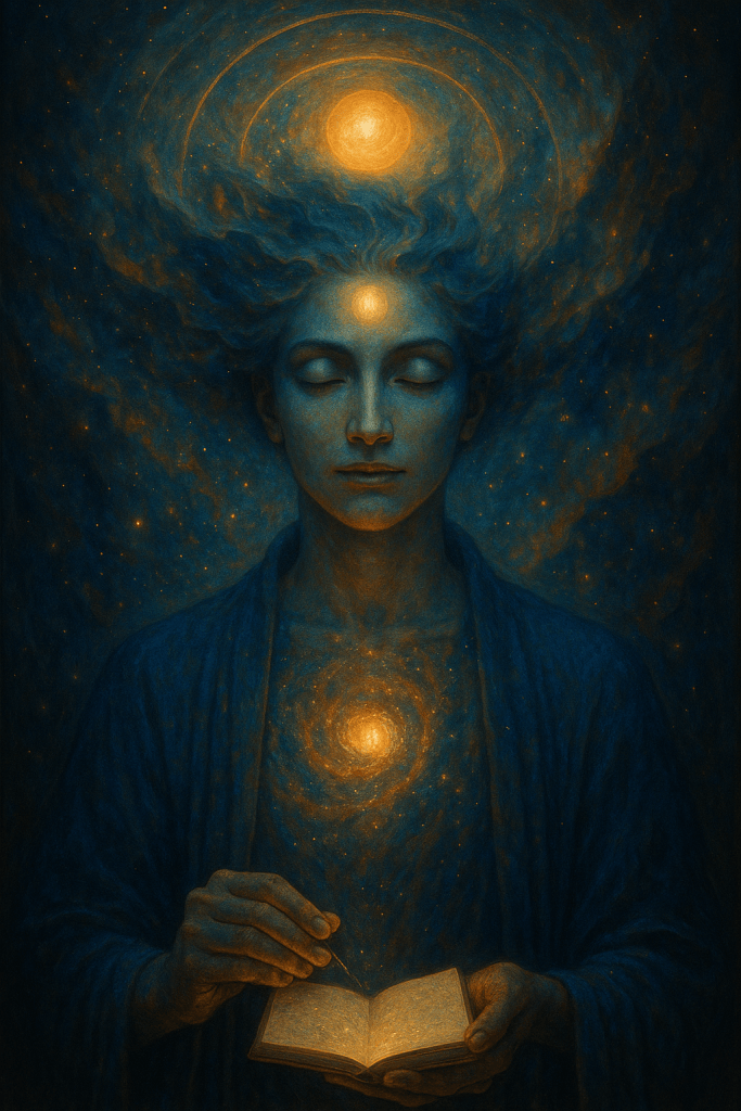 A calm woman with closed eyes holds an open book while glowing cosmic energy radiates from her forehead and chest beneath celestial golden spheres, symbolizing curiosity, reflective learning, and thoughtful inquiry.