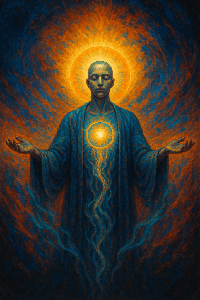 A mystical blue-toned figure stands with open palms as a radiant golden sun shines from the chest while halo-like energy surrounds the head, representing mindful action, openness, and personal growth.