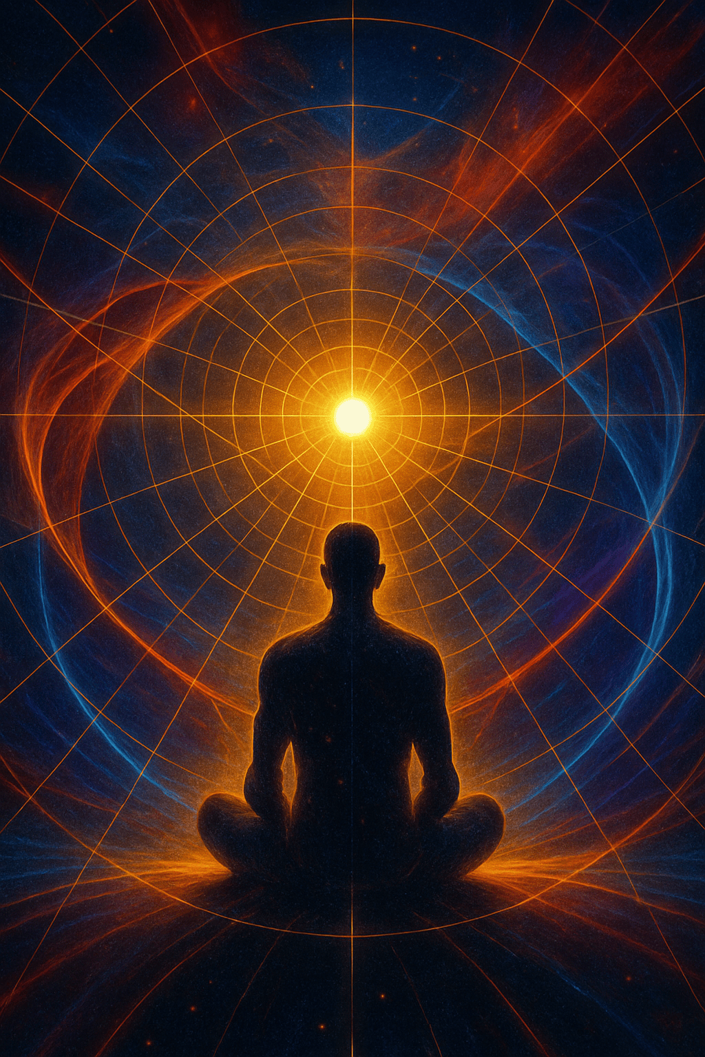 A meditating silhouette sits beneath a blazing golden sun while intricate circular grids and luminous cosmic patterns radiate through deep space, symbolizing daily stillness, mindful awareness, and personal reflection.