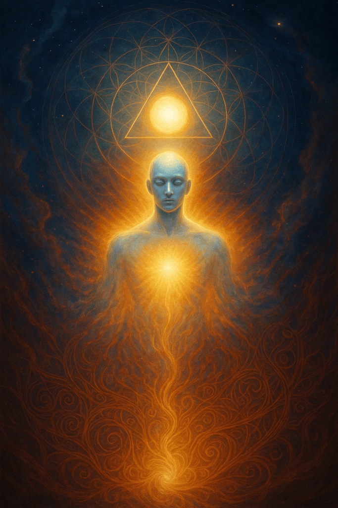 An ethereal luminous figure floats beneath a glowing triangle and sacred geometric patterns while golden energy spirals upward through a cosmic void, symbolizing lifelong awareness, personal transformation, and mindful exploration.
