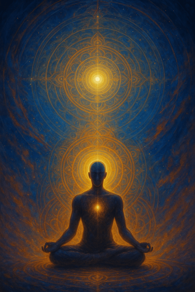 A glowing human silhouette meditates cross-legged as sacred geometric patterns and luminous circles radiate from a golden center of light, representing meditation, inner stillness, and mindful awareness.