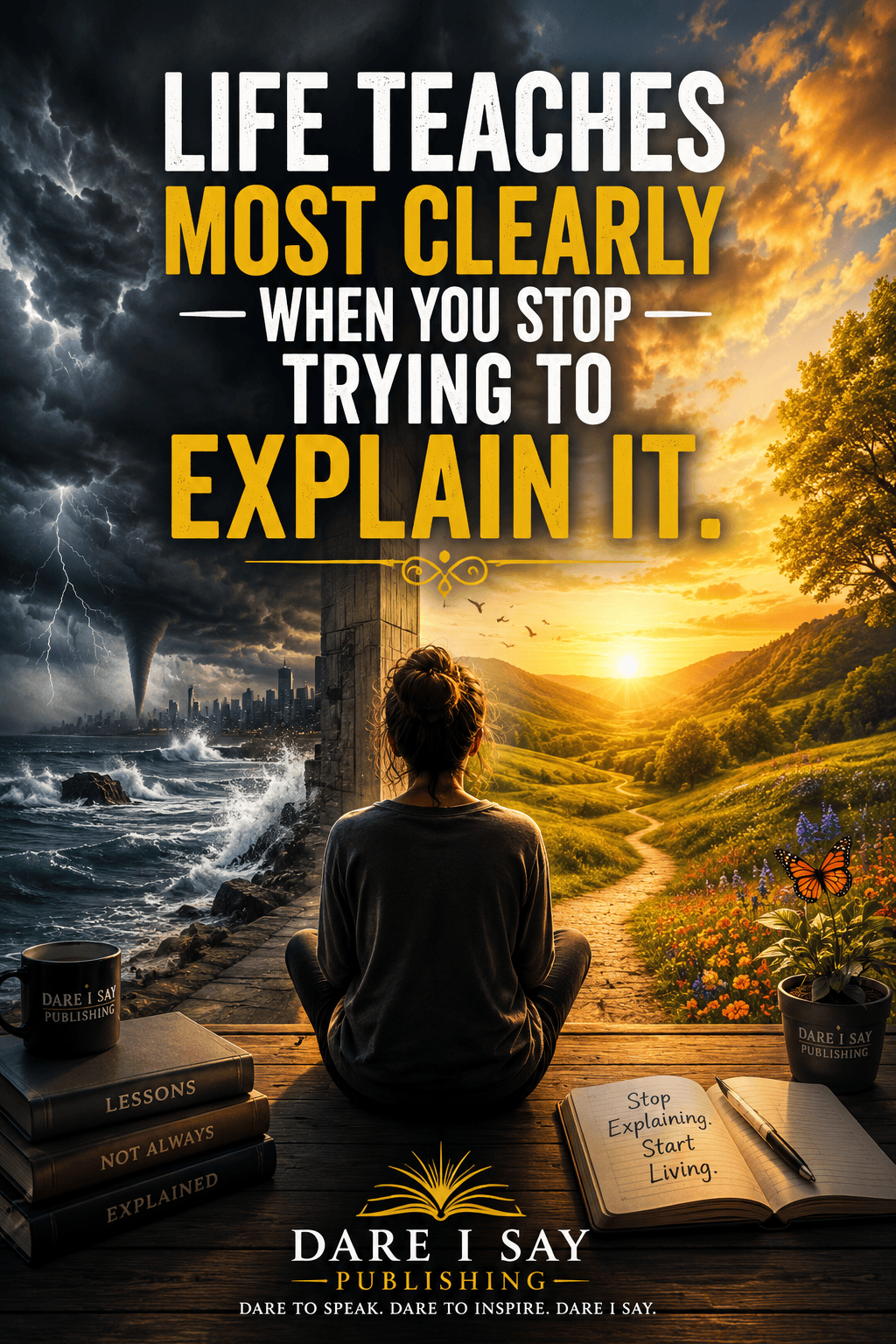 A woman sits quietly between a dark stormy landscape and a peaceful sunlit valley, representing contrasting experiences. An open notebook reads, “Stop Explaining. Start Living,” beneath the quote, “Life teaches most clearly when you stop trying to explain it.” Dare I Say Publishing.