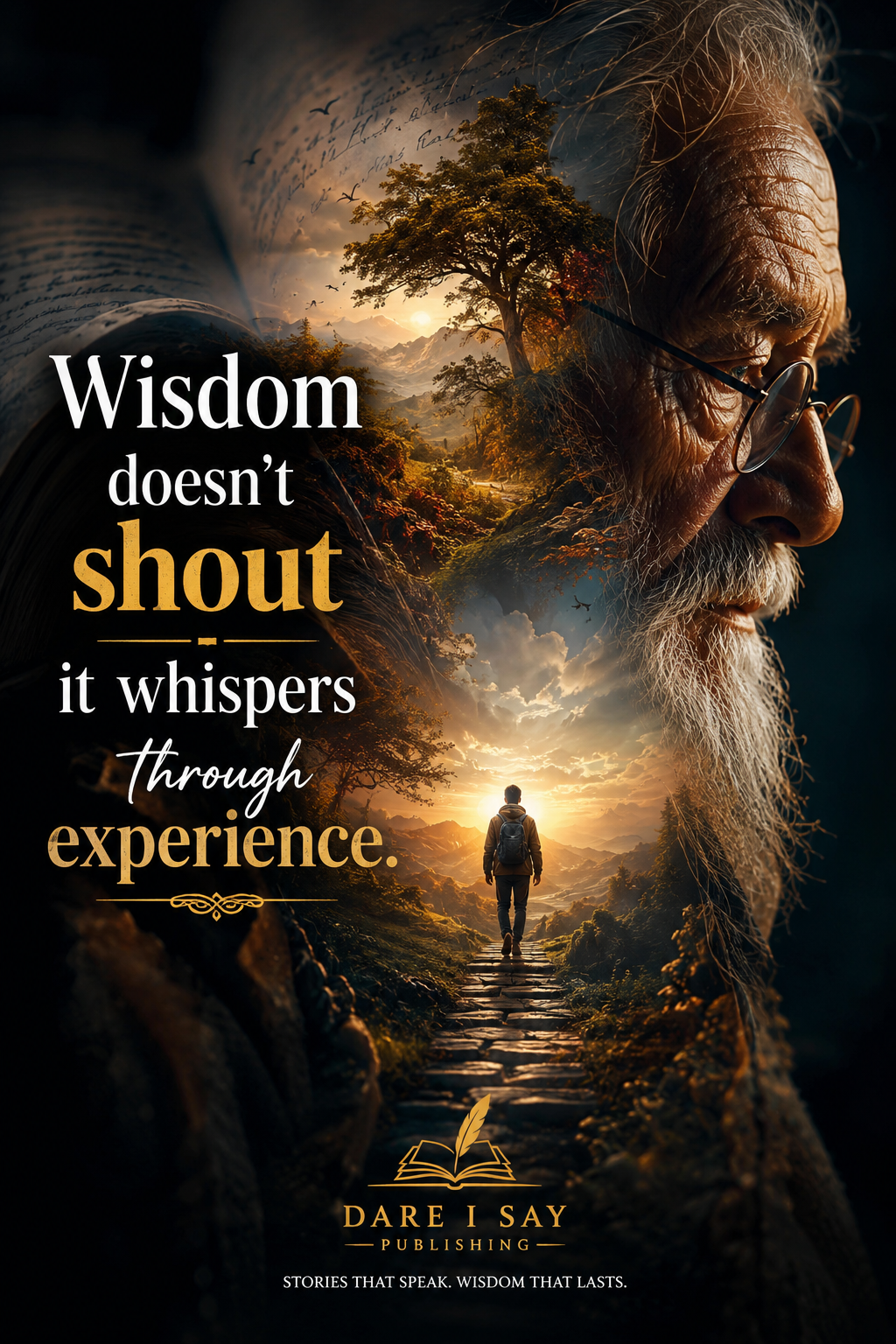 An elderly bearded man wearing glasses blends into a golden mountain landscape where a lone traveler walks toward a sunrise beneath an ancient tree. An open book fades into the background as the quote reads, “Wisdom doesn't shout, it whispers through experience.” Dare I Say Publishing.
