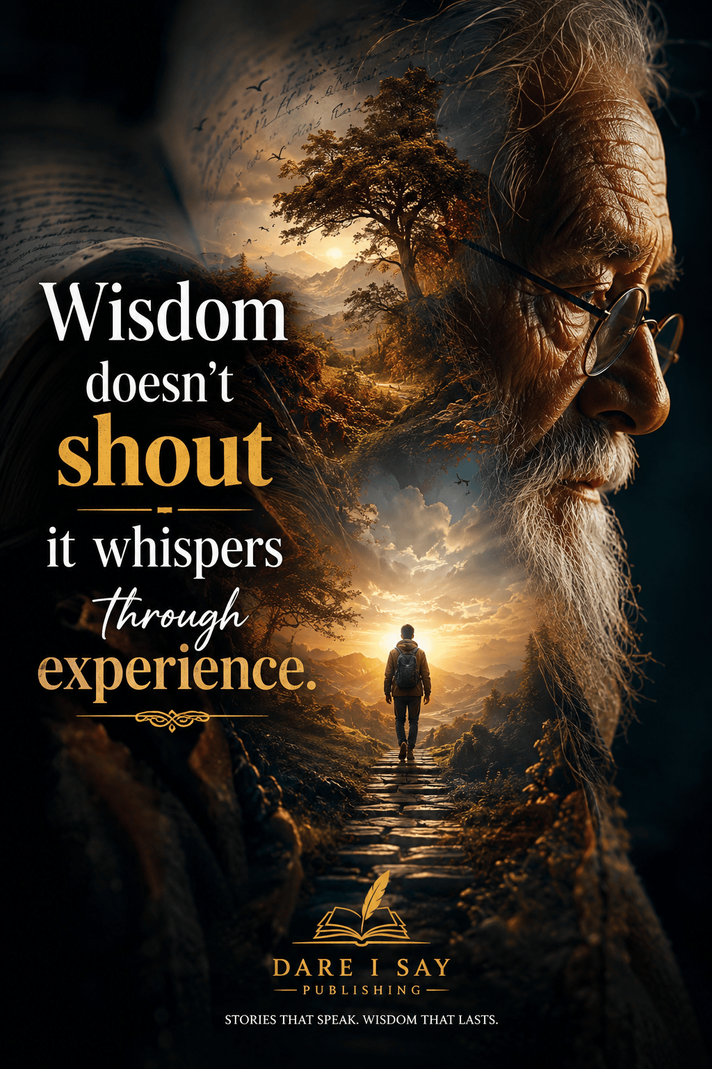 An elderly bearded man wearing glasses blends into a golden mountain landscape where a lone traveler walks toward a sunrise beneath an ancient tree. An open book fades into the background as the quote reads, “Wisdom doesn't shout, it whispers through experience.” Dare I Say Publishing.