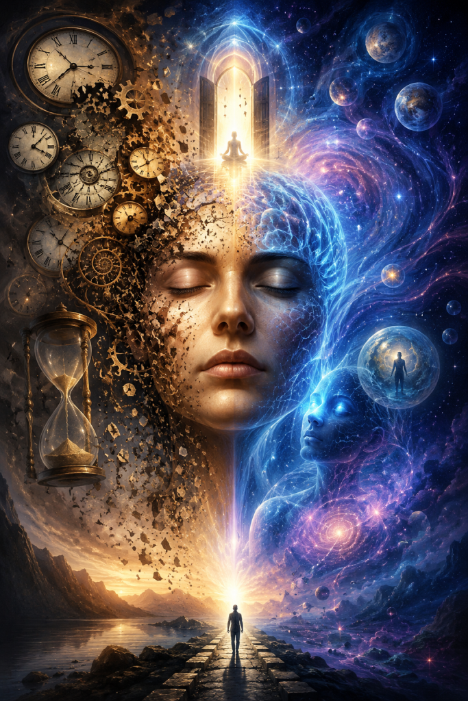 A lone figure walks along a stone path toward a radiant horizon beneath a giant meditating face, surrounded by clocks, hourglasses, planets, and cosmic energy, symbolizing consciousness, temporal experience, reflection, and the deeper relationship between change, awareness, and time.
