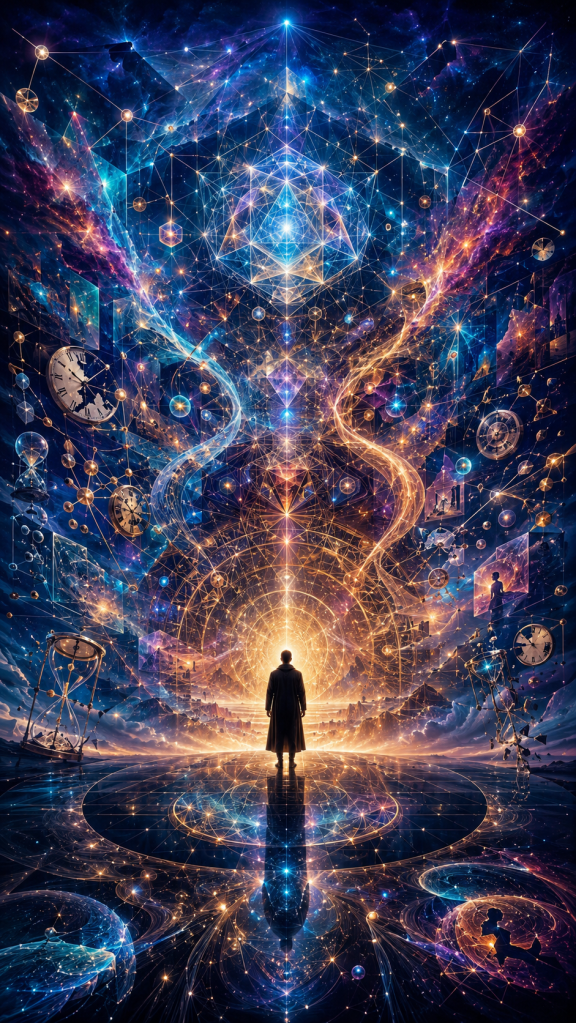 A solitary figure stands before a vast cosmic structure filled with clocks, hourglasses, sacred geometry, and glowing networks, symbolizing the hidden order of reality, emergent time, consciousness, and the foundations of the universe.