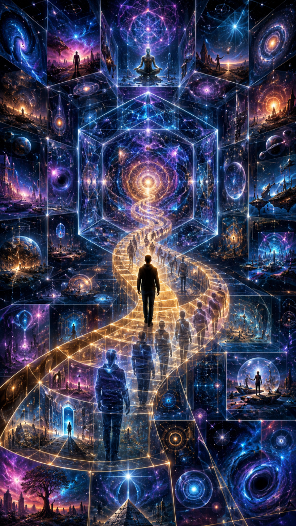 A person walks along a glowing golden path through a vast crystalline universe filled with portals, planets, black holes, cosmic scenes, and other figures, symbolizing a human journey through time, reality, possibility, and consciousness.
