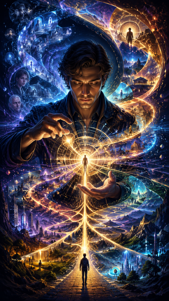 A powerful figure shapes glowing timelines while branching futures, memories, cities, and possible worlds unfold around them, representing human agency, conscious choice, memory, and the organization of time into meaningful experience.