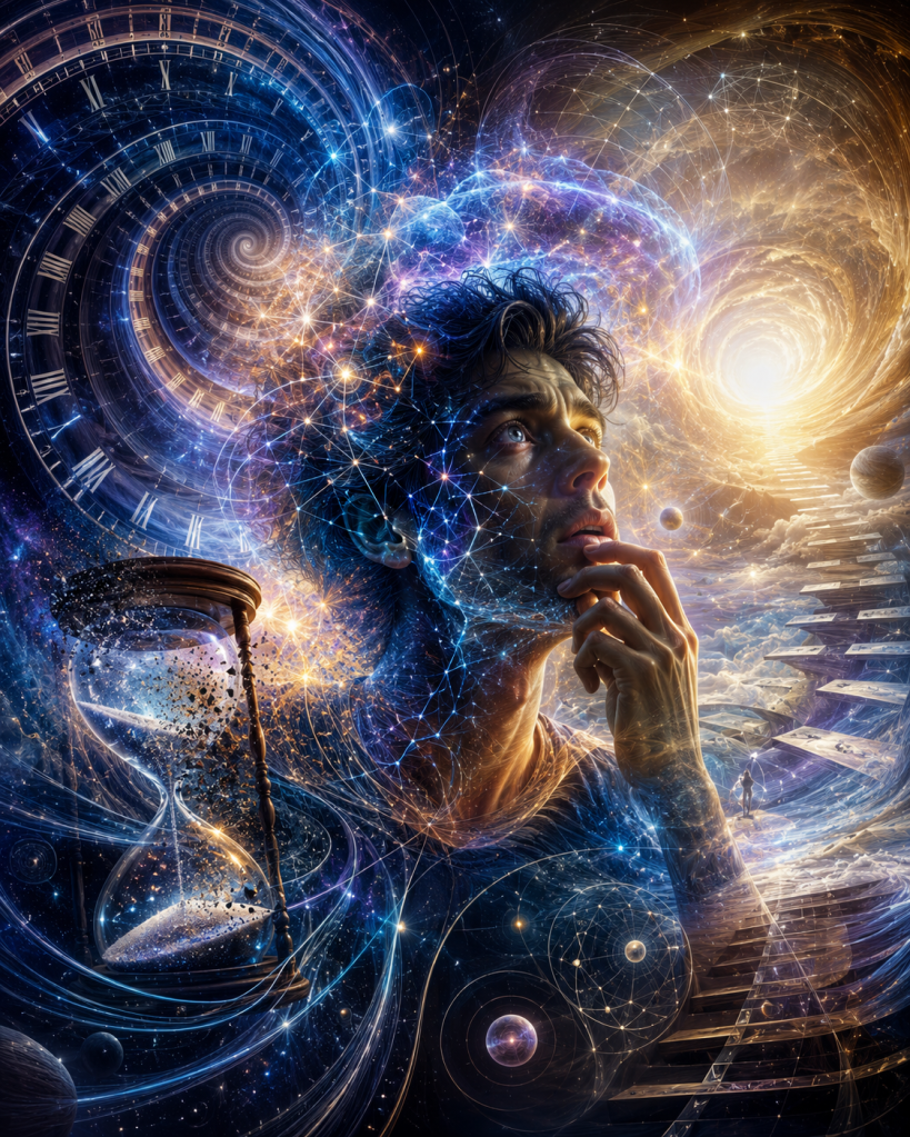 A thoughtful man looks upward while surrounded by clocks, hourglasses, planets, stairways, and swirling cosmic pathways, symbolizing consciousness as a changing process shaped by perception, memory, reflection, and temporal sequence.