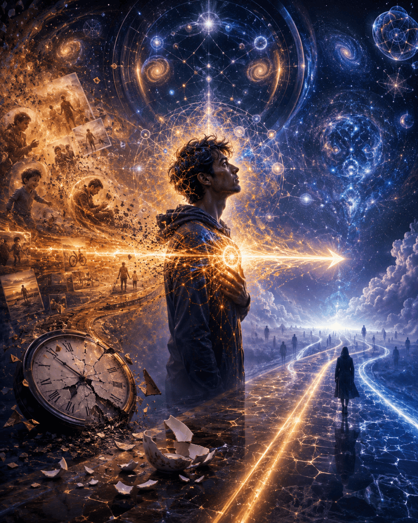 A reflective young man looks toward a cosmic sky filled with galaxies, broken clocks, branching pathways, and fragments of memory, illustrating the mystery of why time appears to move forward and how consciousness experiences temporal direction.