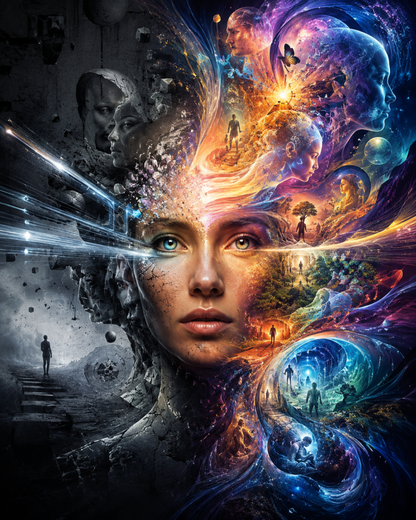 A woman's face transitions from a grayscale fragmented past into a colorful world of memories, faces, butterflies, and flowing pathways, symbolizing consciousness, memory, transformation, and the temporal sequence underlying human experience.