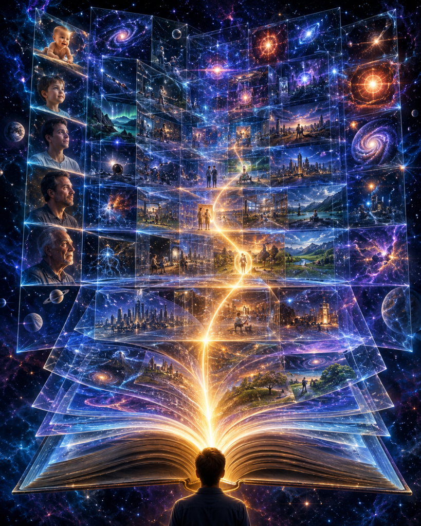 A person looks into an open book as glowing pages rise into a cosmic library filled with memories, life stages, galaxies, cities, and human experiences, symbolizing scientific knowledge, the block universe, and the difference between describing reality and understanding time.