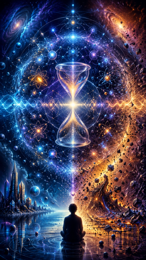 A glowing hourglass suspended within a cosmic landscape of atoms, galaxies, waves, and geometric structures symbolizes time symmetry, modern physics, relativity, and the search for the fundamental nature of time.