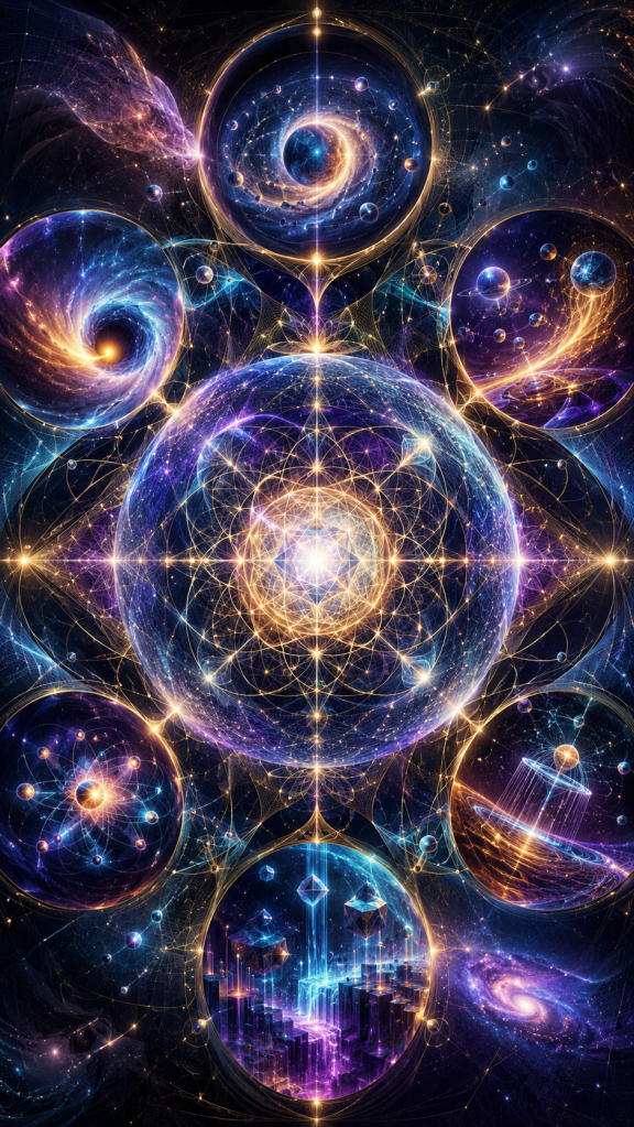 A celestial diagram of glowing orbs, galaxies, geometric patterns, and cosmic pathways surrounds a central radiant sphere, symbolizing the block universe, four-dimensional spacetime, interconnected events, and the underlying structure of reality.