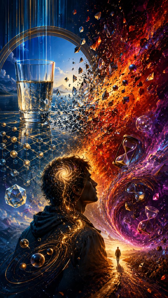 A glowing human profile surrounded by hourglasses, shattered glass, geometric networks, and cosmic energy illustrates entropy, thermodynamics, memory, irreversible change, and the physical arrow of time.