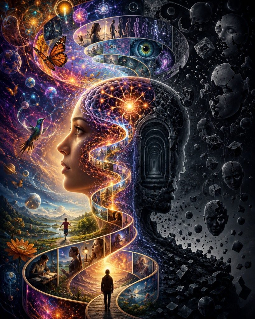 A woman's profile blends with a glowing brain, butterflies, memory-film strips, and a shadowed cracked face, symbolizing consciousness, memory, change, and the contrast between dynamic experience and a hypothetical timeless state.