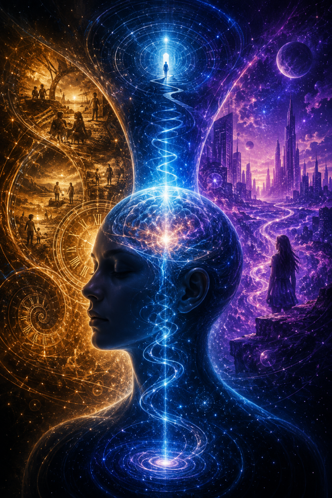 A luminous human brain surrounded by clocks, memories, timelines, and a futuristic city symbolizes information theory, recorded experience, consciousness, and the role of information in shaping the arrow of time.