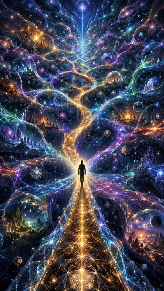 A lone figure stands on a golden path branching into countless cosmic roads surrounded by floating worlds, galaxies, and dreamlike landscapes, symbolizing quantum histories, possible realities, branching possibilities, and interpretations of time.
